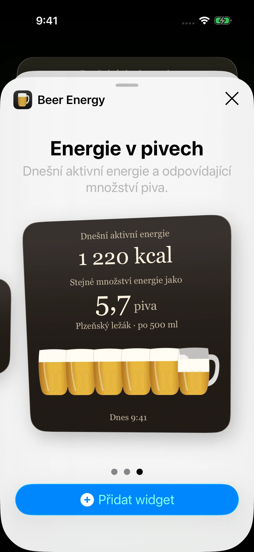 Widget Beer Energy v nabídce widgetů na iPhonu