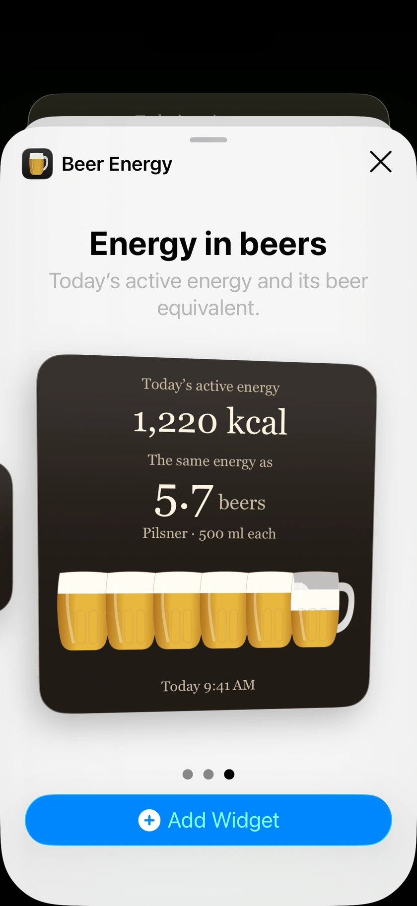 Beer Energy Home Screen widget in the native widget picker