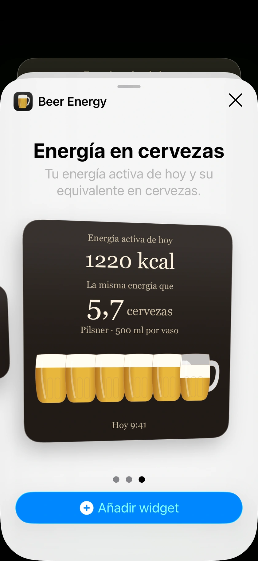 Widget de Beer Energy en el selector de widgets del iPhone