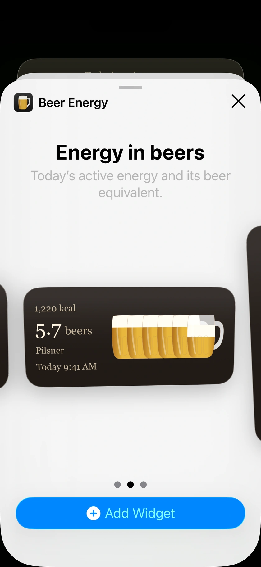 Beer Energy Home Screen widget in the native widget picker
