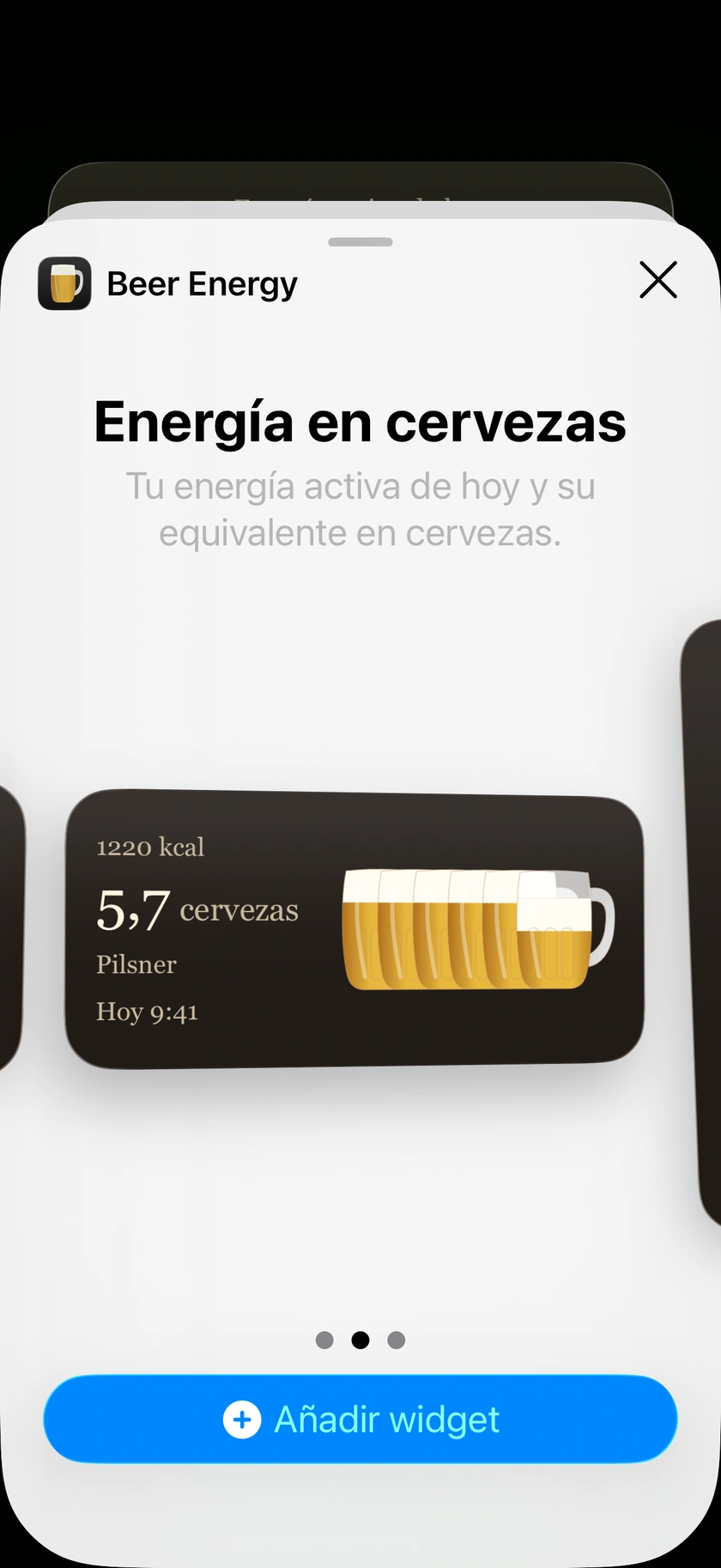 Widget mediano de Beer Energy en la pantalla de inicio