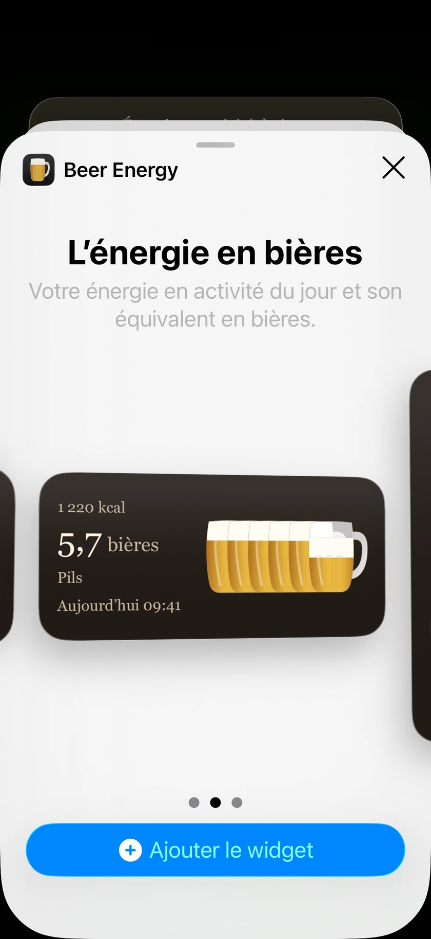 Widget moyen Beer Energy sur l’écran d’accueil