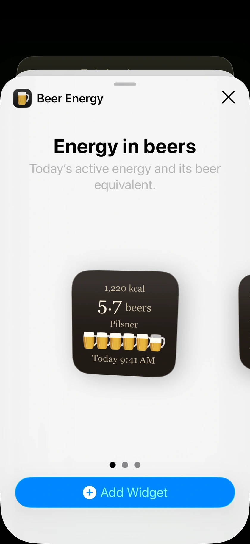 Beer Energy Home Screen widget in the native widget picker