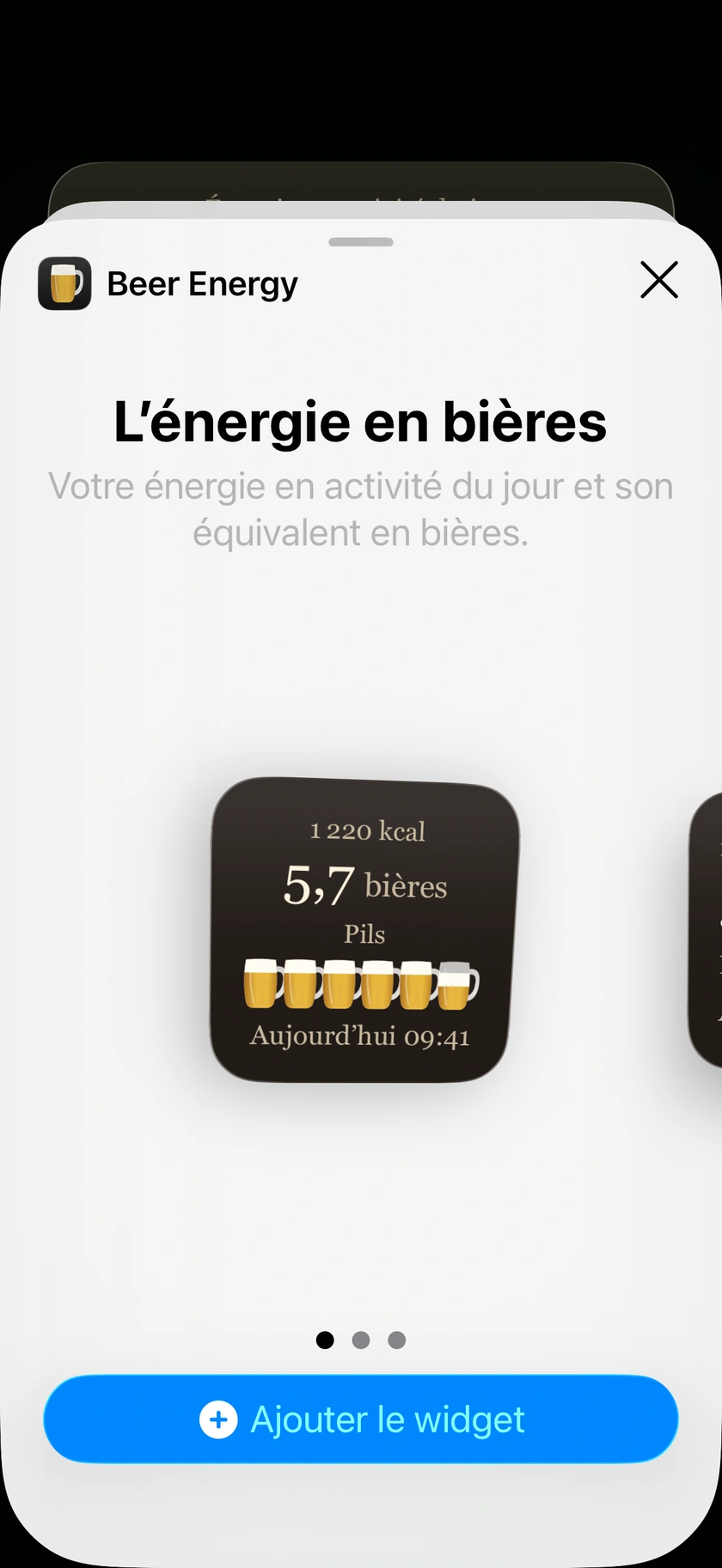 Widget Beer Energy dans le sélecteur de widgets de l’iPhone