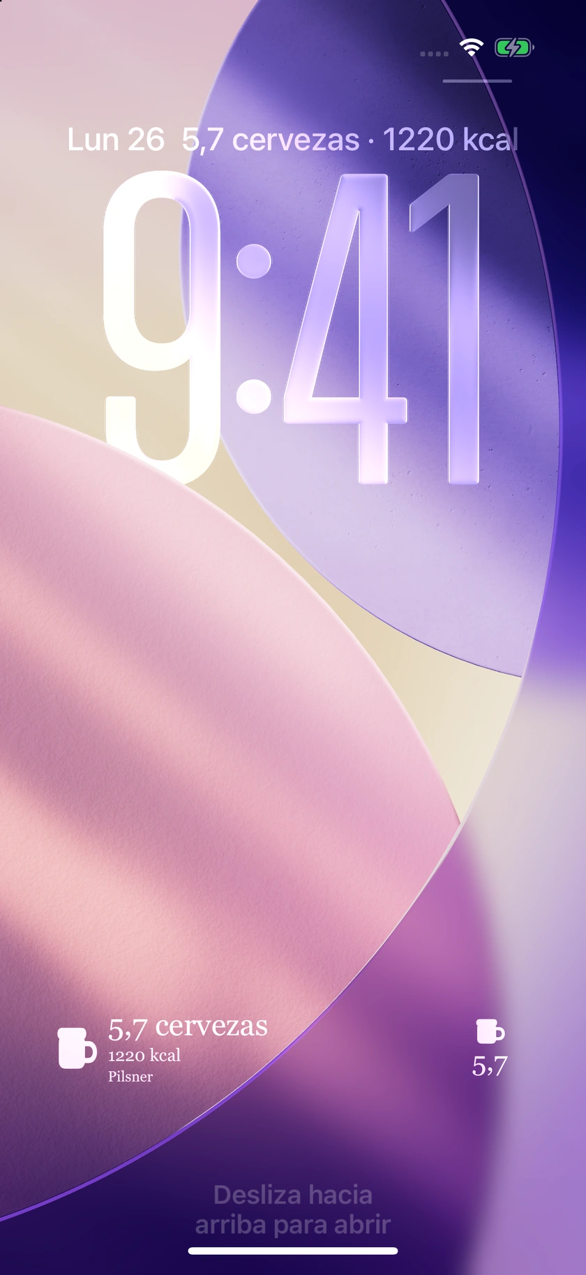 Vistas previas de los widgets en línea, rectangular y circular de Beer Energy para la pantalla de bloqueo