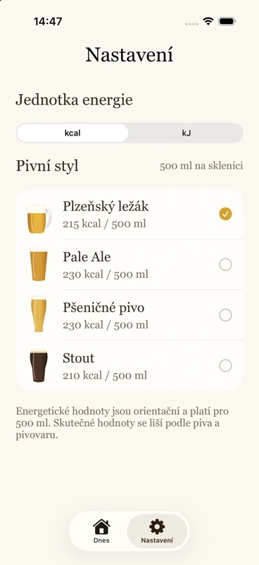 Nastavení Beer Energy s jednotkami energie a čtyřmi pivními styly