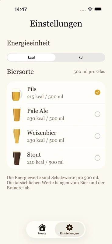 Beer Energy Einstellungen mit Energieeinheiten und vier Biersorten