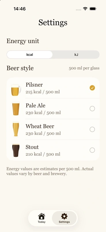 Beer Energy settings with energy units and four beer styles