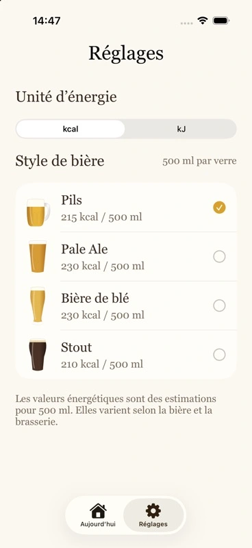 Réglages Beer Energy avec les unités d’énergie et quatre styles de bière