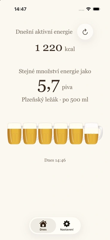 Aplikace Beer Energy na iPhonu s dnešní aktivní energií a ukázkovým pivním ekvivalentem