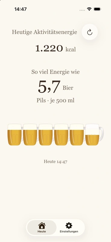 Beer Energy auf dem iPhone mit heutiger Aktivitätsenergie und einem beispielhaften Bieräquivalent
