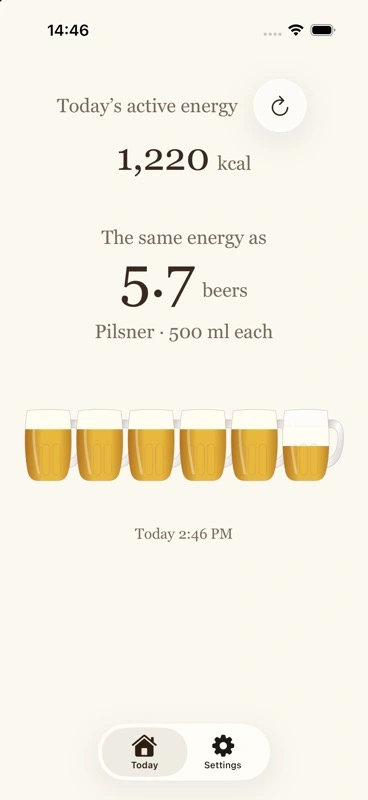Beer Energy iPhone app showing today’s active energy and an example beer equivalent