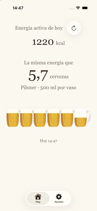Beer Energy en iPhone con la energía activa de hoy y un equivalente en cerveza de ejemplo