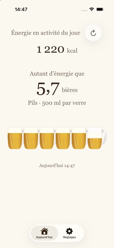 Beer Energy sur iPhone affichant l’énergie en activité du jour et un équivalent en bière d’exemple