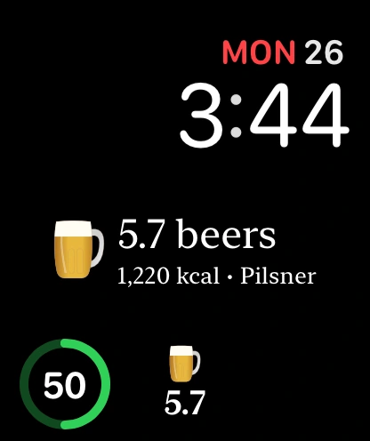 Beer Energy rectangular and circular complication previews, with the circular complication in the middle slot