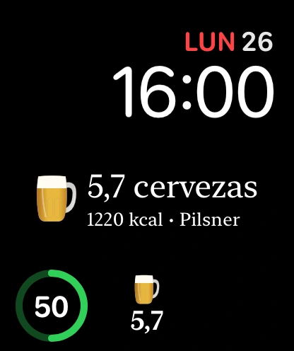 Vistas previas de las complicaciones rectangular y circular de Beer Energy, con la circular en la posición central